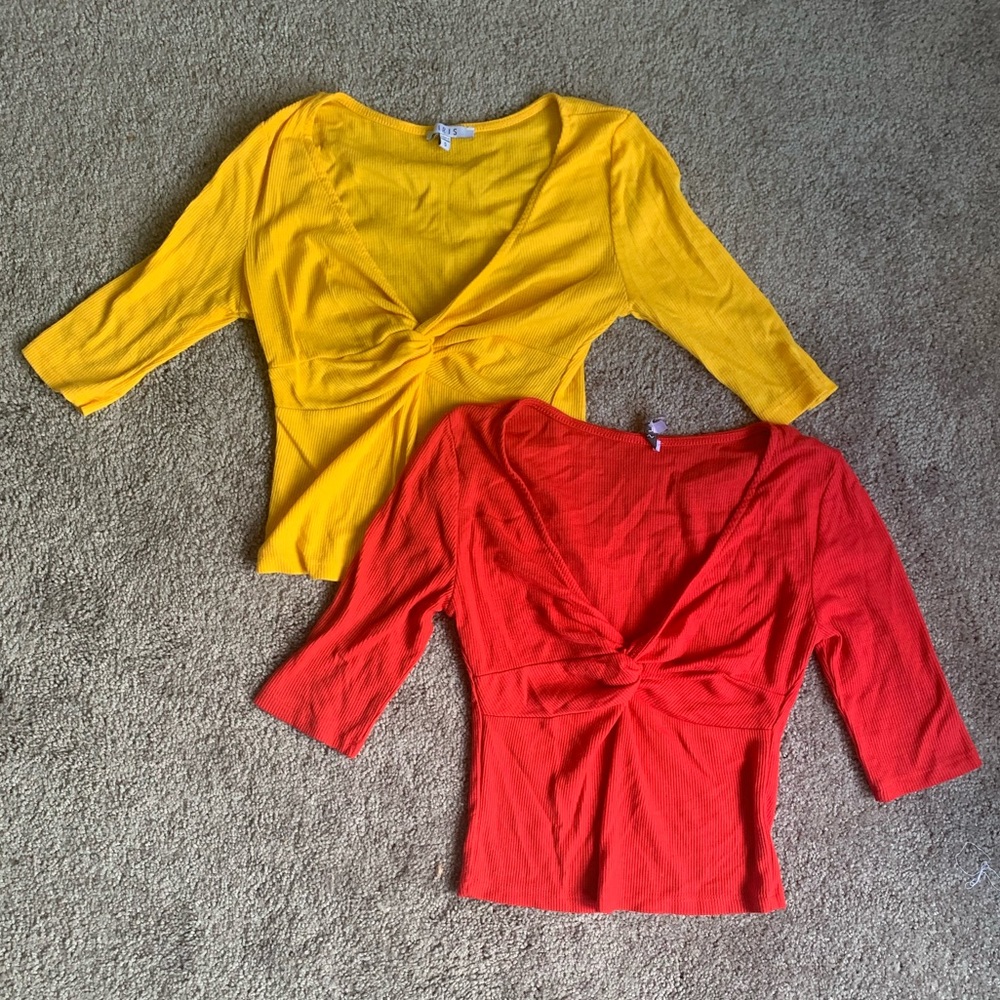 Red and Yellow v neck ribbed crop top set